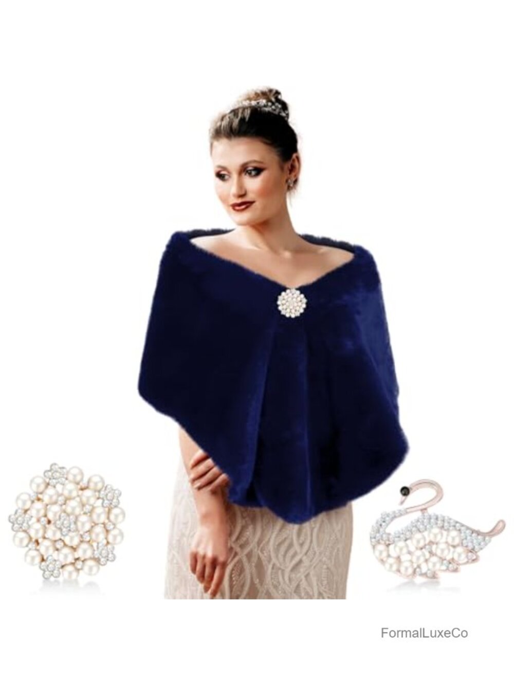 Faux Fur Shawl Wrap for Women with Rhinestone Brooches
